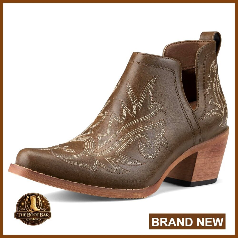 Women's Cowboy Ankle Booties with Chunky Stack Heels, V Cutout, Faux Leather